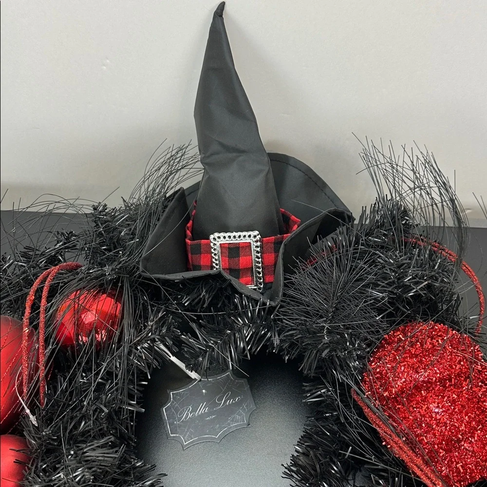 Bella Lux Halloween Witch Leg Wreath Red Black Glitter Baubles Pumpkin Hat Broom